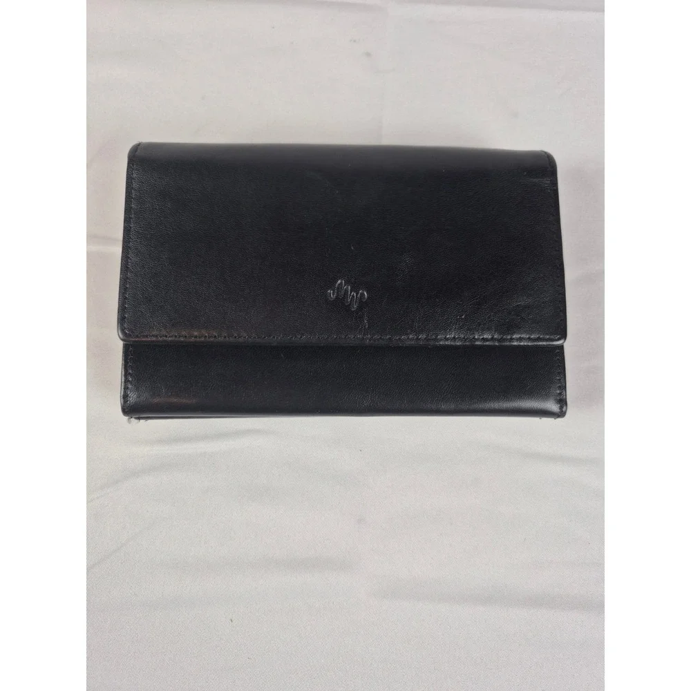 Monsac Black Leather Trifold Wallet Gold Hardware Accordion Zip Pocket